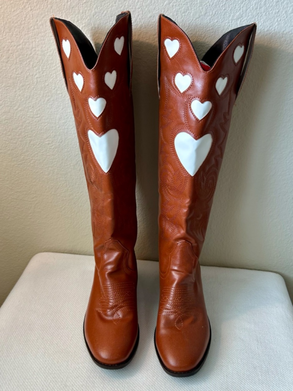 Cowboy Boot Tall Brown White Hearts Inlay Pull Strap Wide Calf Heel 1.5" 38/7.5 - Picture 4 of 14